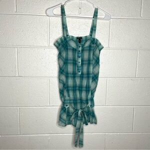 < Y2K FANG Blue Plaid Tie Front Tank Top >